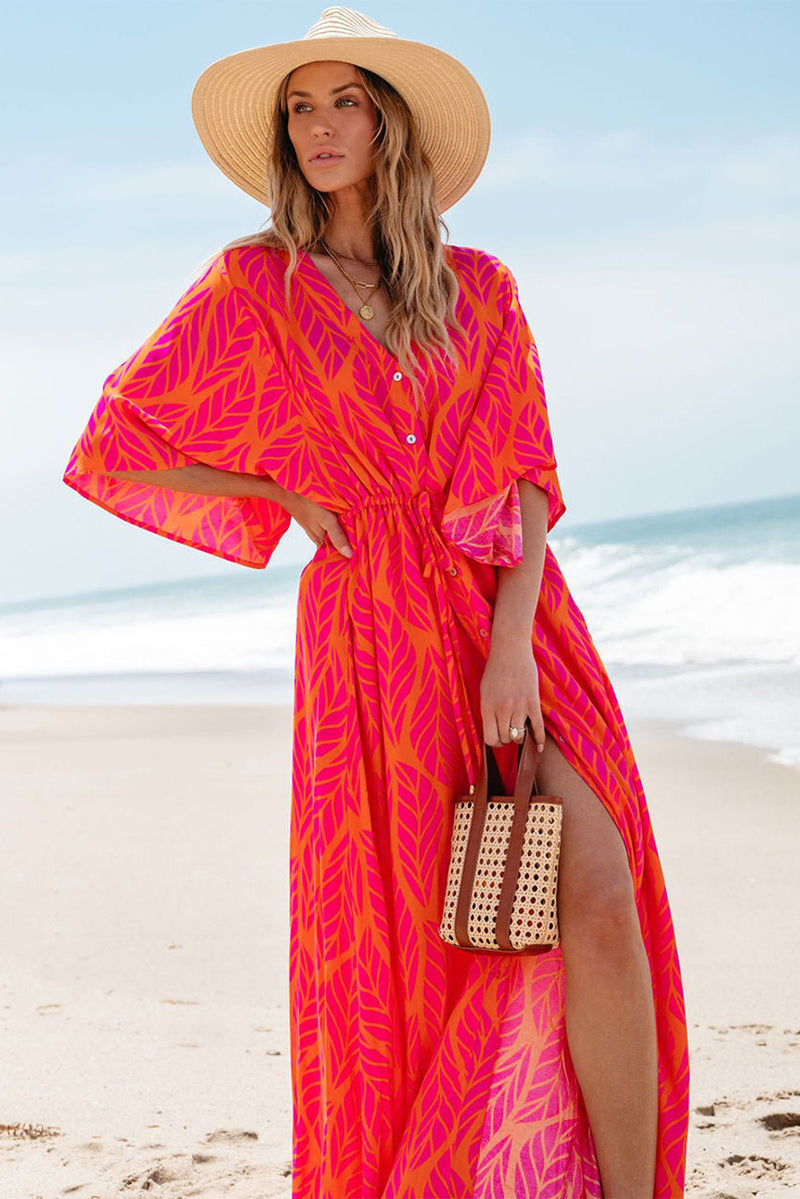 KaleaBoutique Leafy Print 3/4 Sleeve V Neck Buttoned Split Maxi Dress - KaleaBoutique.com