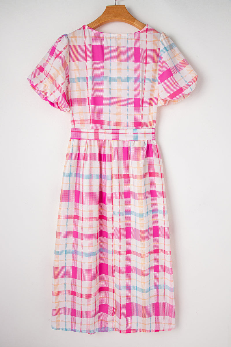 KaleaBoutique Checkered Puff Sleeve Belted Midi Dress - KaleaBoutique.com