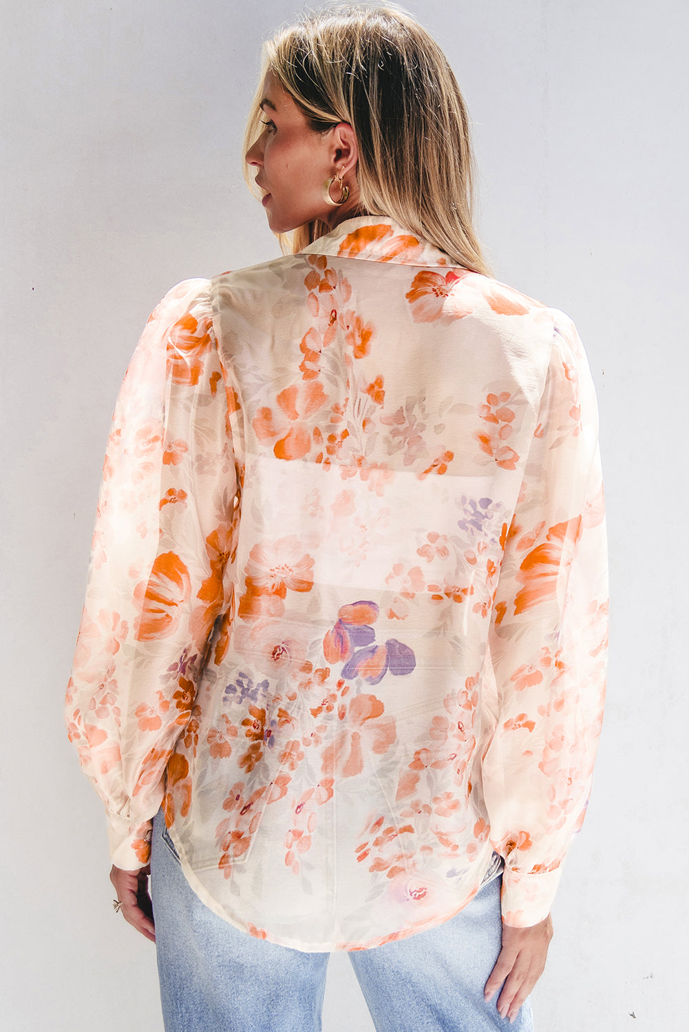 KaleaBoutique Floral Print Collared Balloon Sleeve Loose Shirt - KaleaBoutique.com