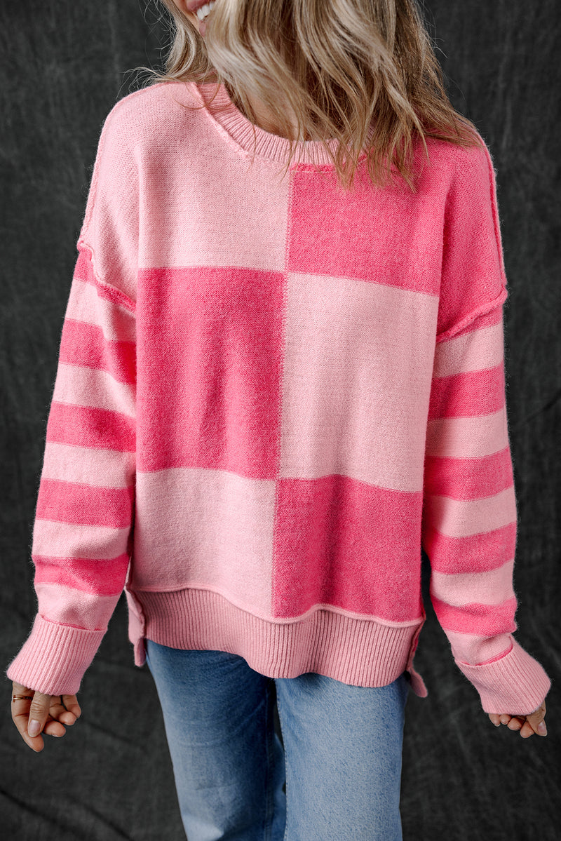 KaleaBoutique Checkered Colorblock Striped High Low Loose Sweater - KaleaBoutique.com