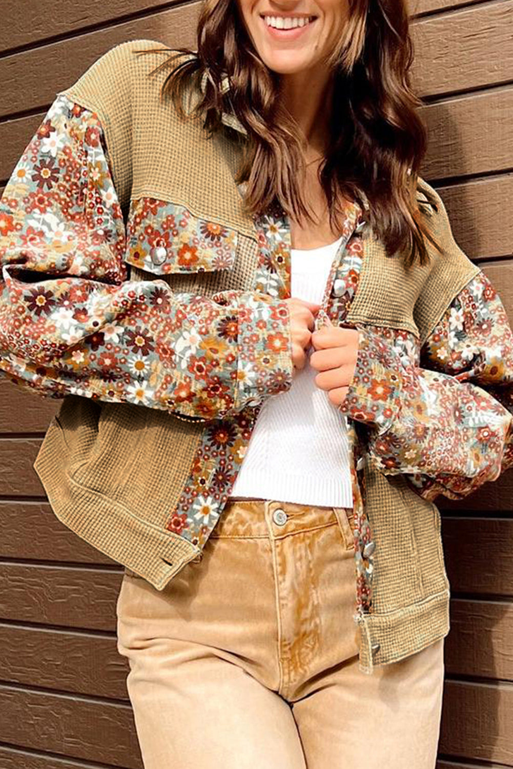 KaleaBoutique Waffle Knit Floral Print Patchwork Button up Jacket - KaleaBoutique.com