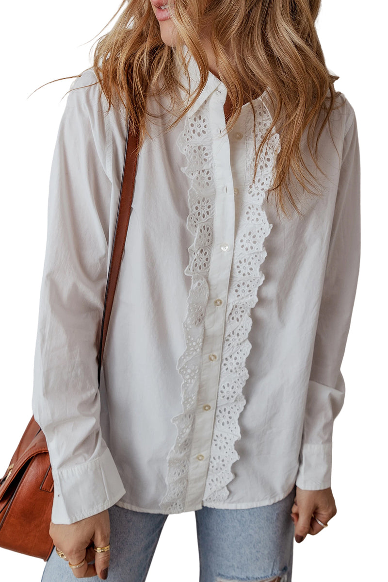 KaleaBoutique Lace Crochet Trim Turn Down Collar Buttoned Shirt - KaleaBoutique.com