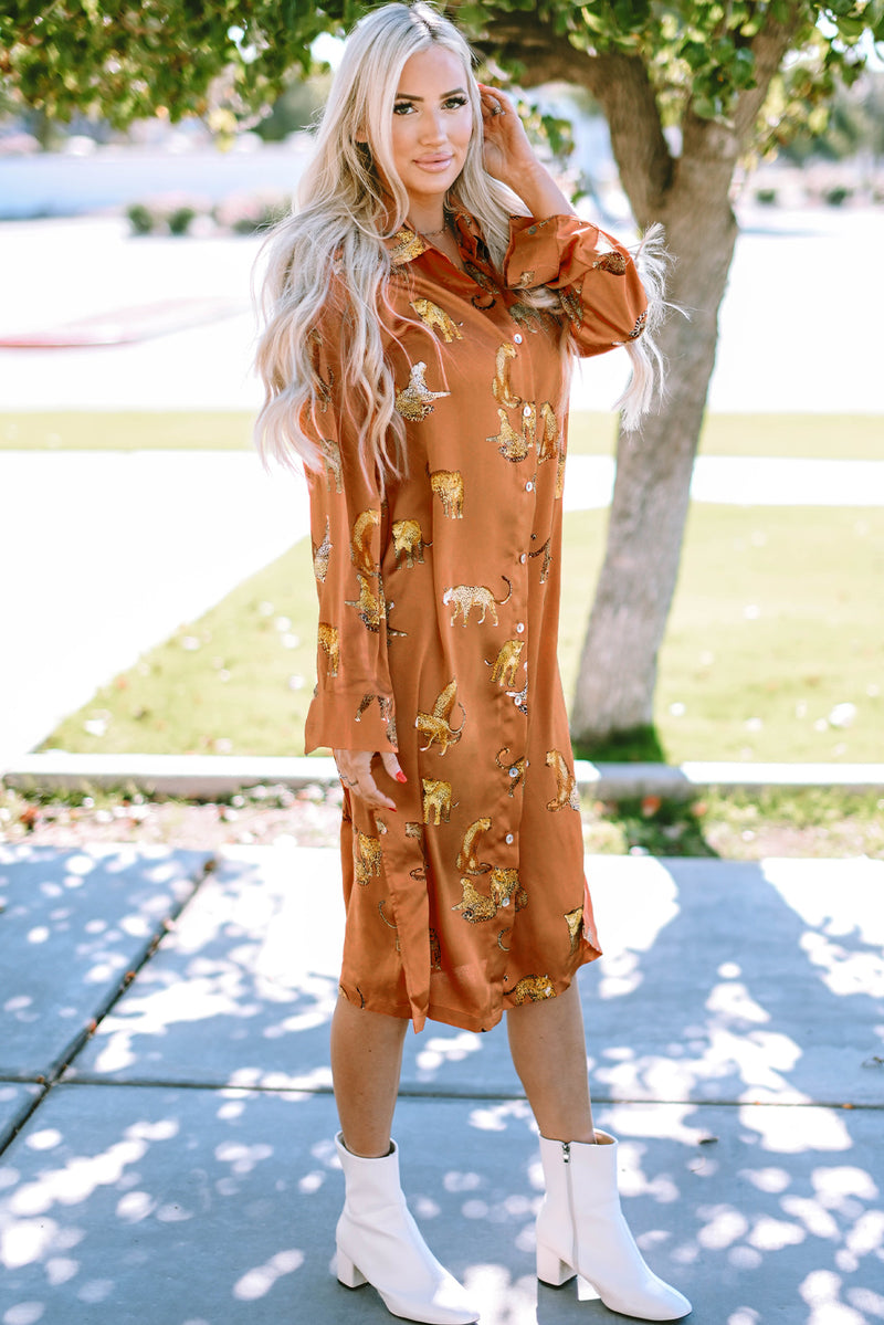 KaleaBoutique Cheetah Print Button-Up Split Shirt Dress - KaleaBoutique.com