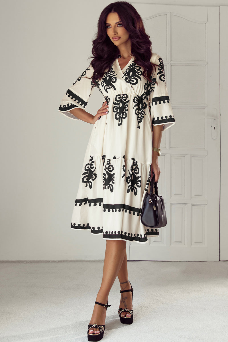 KaleaBoutique Western Geometric Print 3/4 Sleeve Loose Midi Dress - KaleaBoutique.com