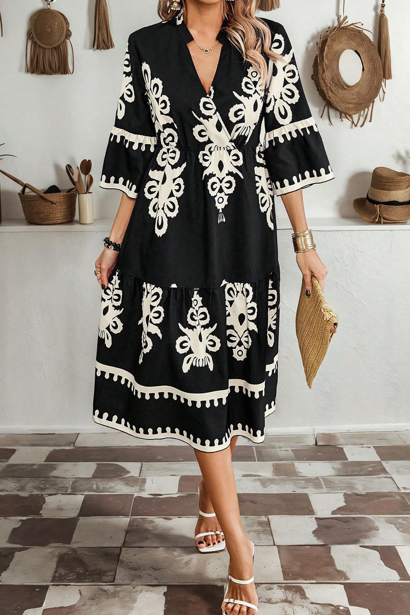 KaleaBoutique Western Geometric Print 3/4 Sleeve Loose Midi Dress - KaleaBoutique.com