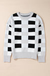 KaleaBoutique Checkered Ribbed Edge O Neck Drop Shoulder Sweater - KaleaBoutique.com