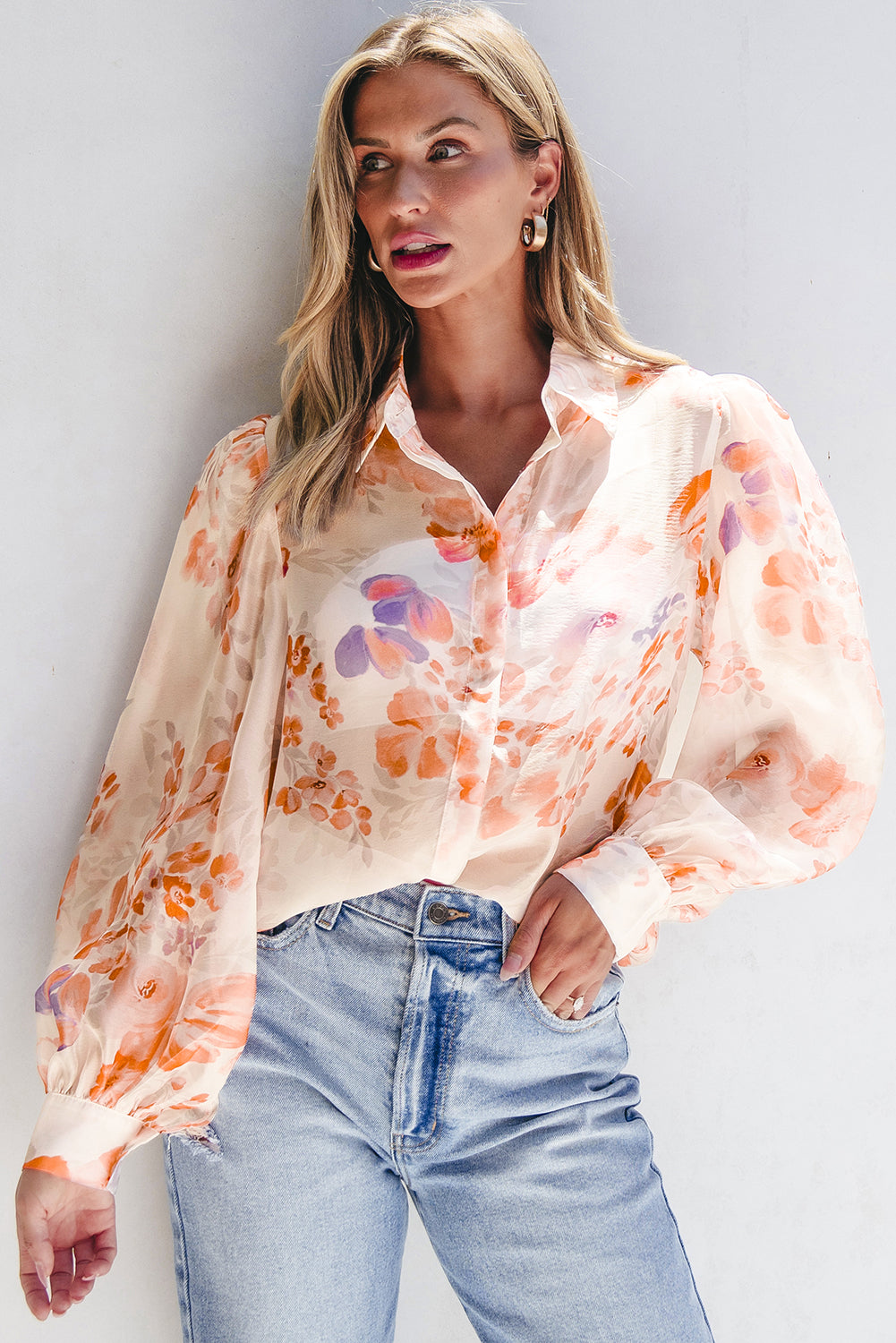 KaleaBoutique Floral Print Collared Balloon Sleeve Loose Shirt - KaleaBoutique.com