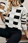 KaleaBoutique Checkered Ribbed Edge O Neck Drop Shoulder Sweater - KaleaBoutique.com