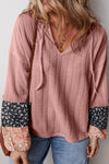 KaleaBoutique Floral Patchwork Textured Knit Drawstring V Neck Blouse - KaleaBoutique.com