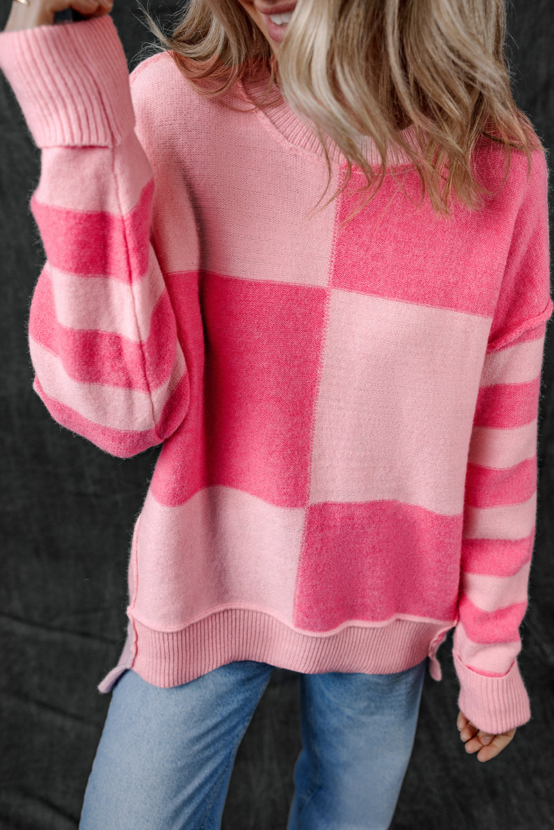 KaleaBoutique Checkered Colorblock Striped High Low Loose Sweater - KaleaBoutique.com