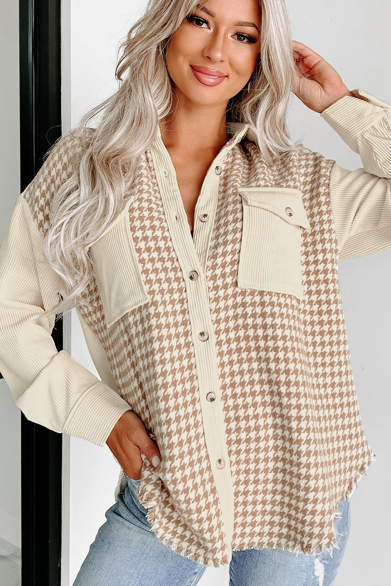 KaleaBoutique Houndstooth Corduroy Patchwork Flap Pocket Shacket - KaleaBoutique.com