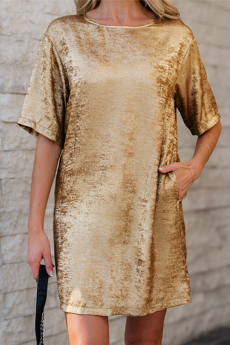 Metallic Luster Crewneck Mini T-Shirt Dress - KaleaBoutique.com