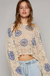 KaleaBoutique Contrast Flower Print Eyelet Drop Shoulder Sweater - KaleaBoutique.com