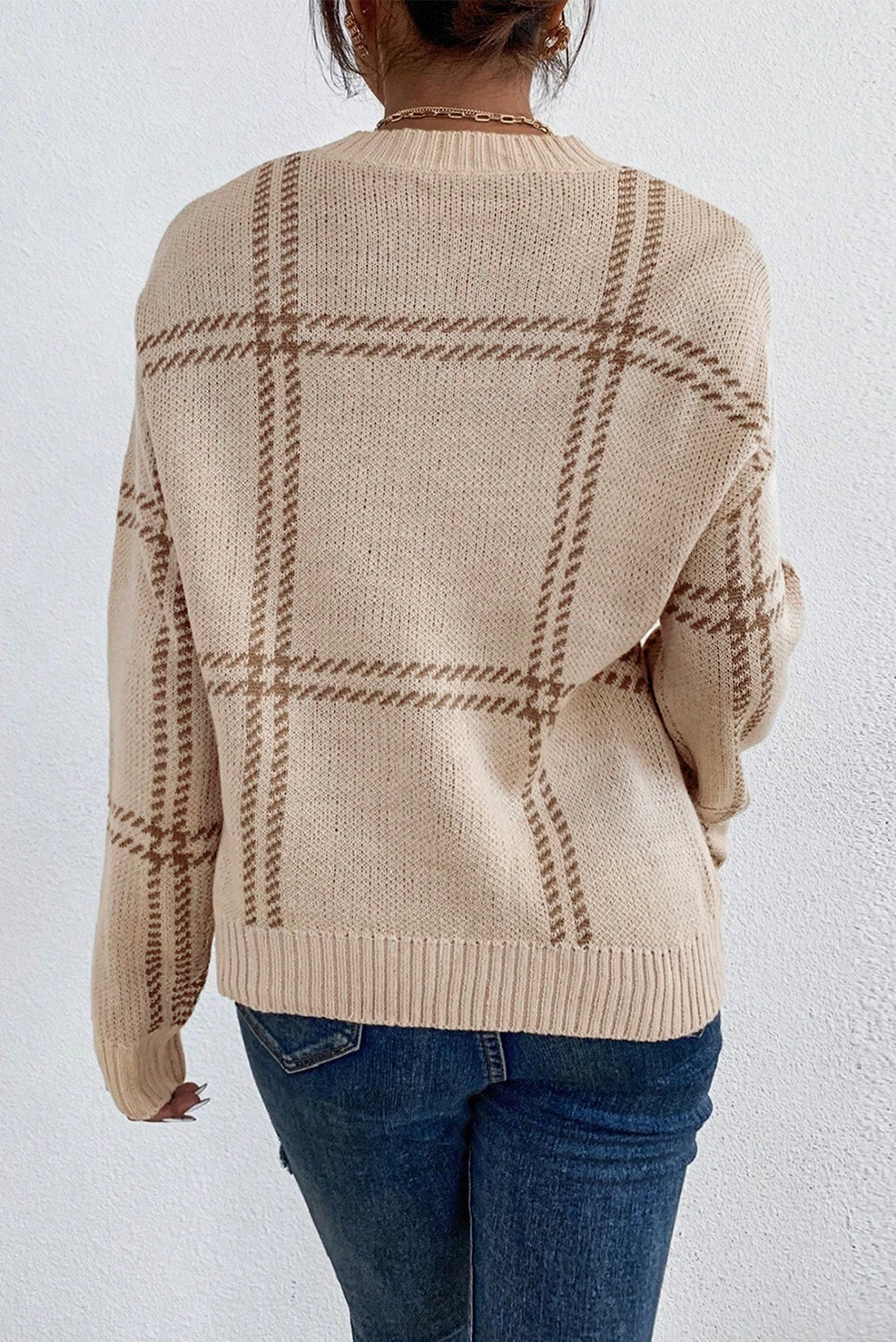 KaleaBoutique Plaid Pattern Knitted Drop Shoulder Sweater - KaleaBoutique.com