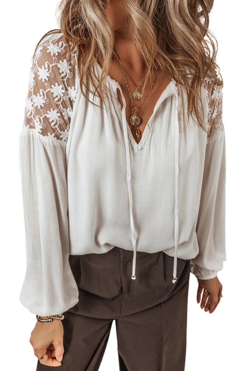 KaleaBoutique Floral Lace Patchwork Puff Sleeve Tied V Neck Blouse - KaleaBoutique.com