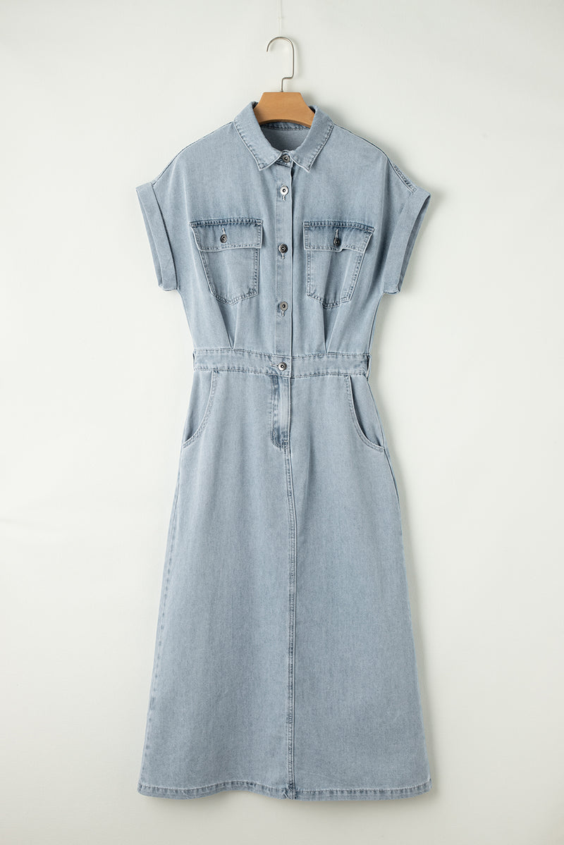 KaleaBoutique Short Batwing Sleeve Slit Back Denim Dress - KaleaBoutique.com