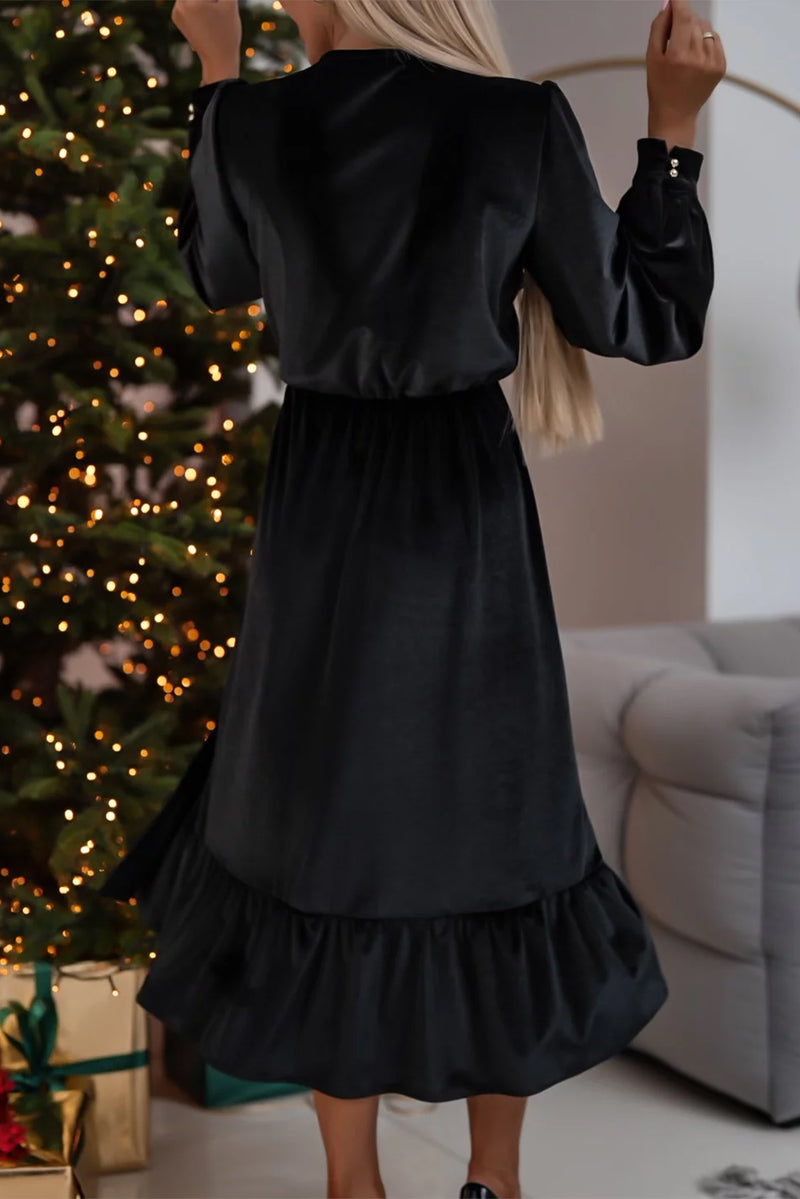 KaleaBoutique Velvet Buttoned Puff Sleeve V Neck Split Midi Dress - KaleaBoutique.com