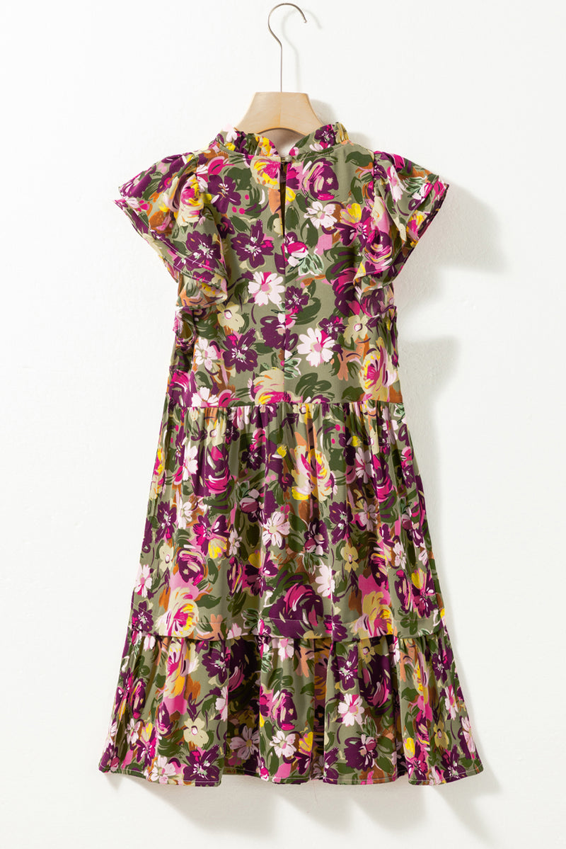 KaleaBoutique Floral Print Ruched Flutter Sleeve Frilled Neck Mini Dress - KaleaBoutique.com