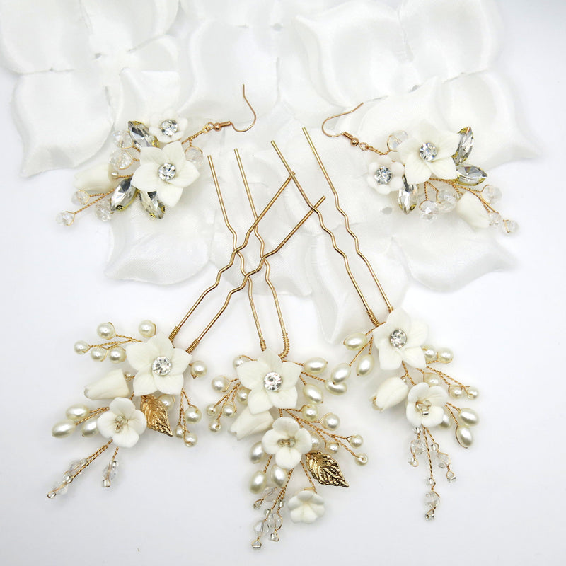 Set of 3 Flower Hairpins or Bridal Earrings, Wedding U-Shaped Floral Hairpins or Crystal Dangle Earrings - KaleaBoutique.com