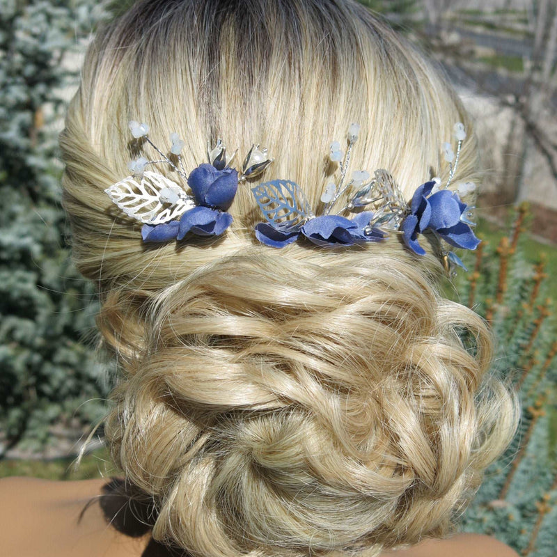 Blue Flowers 3 PC Bridal Hairpin Set, Wedding Blue Silk Flower U-Shape Hair Pins, Bridesmaid Blue Flower Hairpins, Bride Flower Blue Hairpin - KaleaBoutique.com