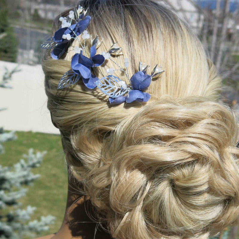 Blue Flowers 3 PC Bridal Hairpin Set, Wedding Blue Silk Flower U-Shape Hair Pins, Bridesmaid Blue Flower Hairpins, Bride Flower Blue Hairpin - KaleaBoutique.com