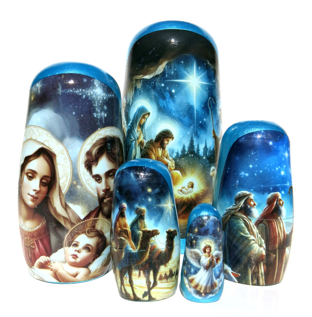 Traditional Watercolor Style Nativity Nesting Doll, 5 Piece Hand Crafted Nested Doll - KaleaBoutique.com