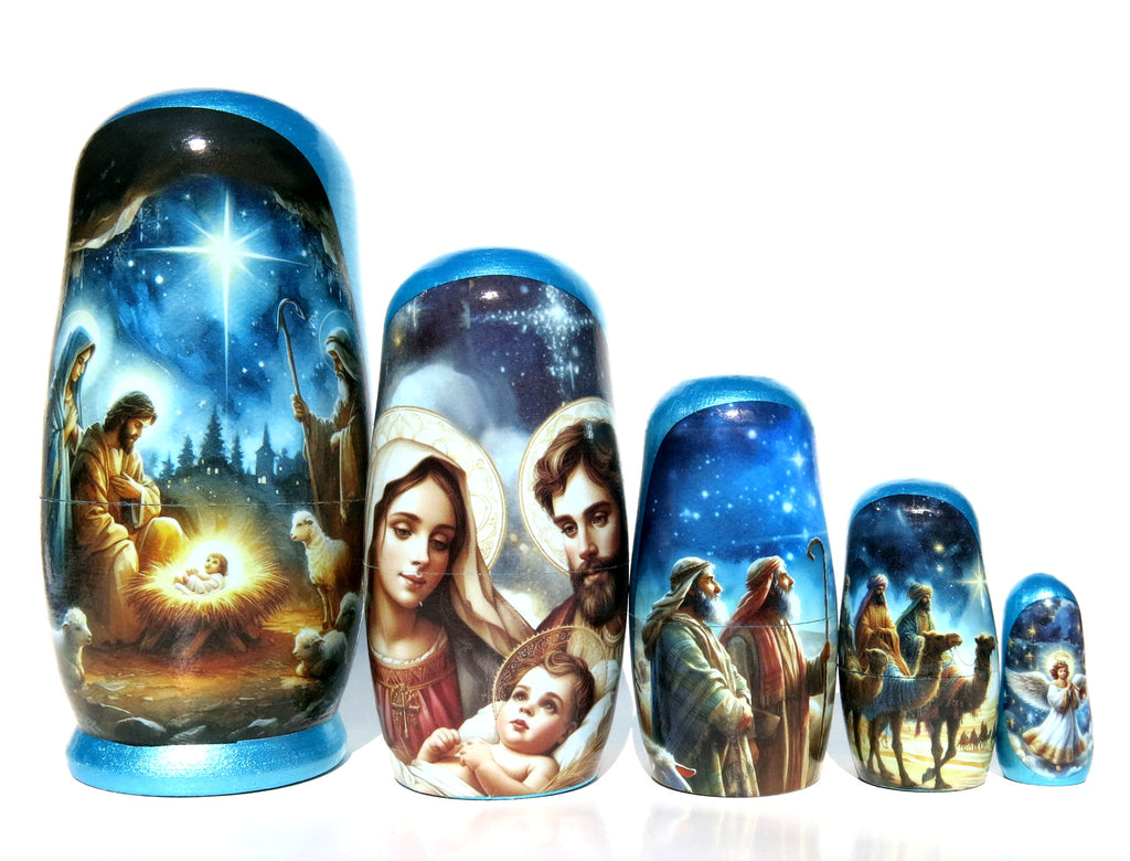 Traditional Watercolor Style Nativity Nesting Doll, 5 Piece Hand Crafted Nested Doll - KaleaBoutique.com