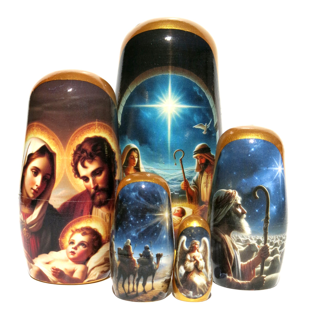 Traditional Realism Style Nativity Nesting Doll, 5 Piece Hand Crafted Nested Doll - KaleaBoutique.com