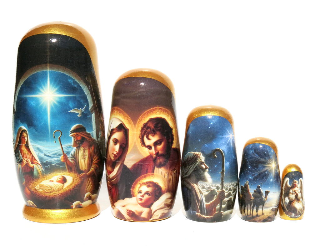 Traditional Realism Style Nativity Nesting Doll, 5 Piece Hand Crafted Nested Doll - KaleaBoutique.com