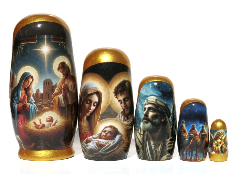 Traditional Impressionism Style Nativity Nesting Doll, 5 Piece Hand Crafted Nested Doll - KaleaBoutique.com