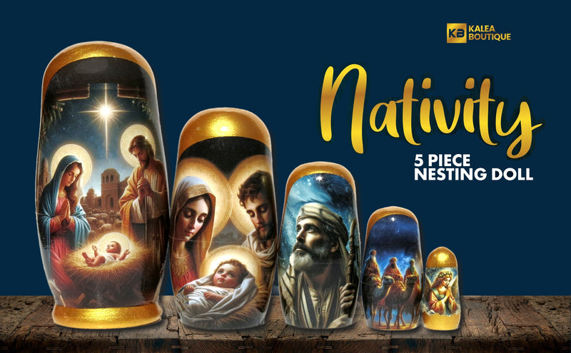 Traditional Impressionism Style Nativity Nesting Doll, 5 Piece Hand Crafted Nested Doll - KaleaBoutique.com