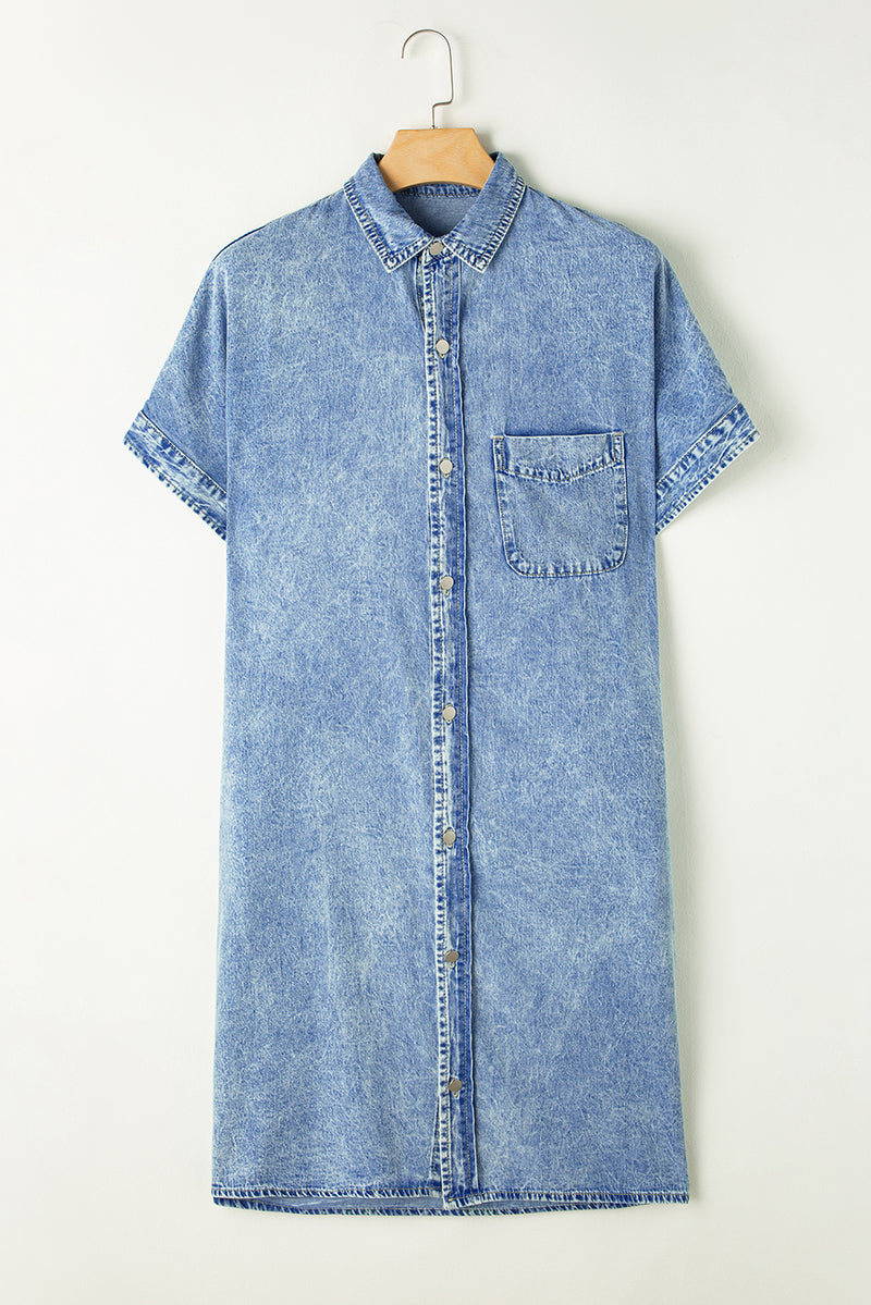 KaleaBoutique Loose Medium Wash Short Sleeve Shirt Chambray Dress - KaleaBoutique.com