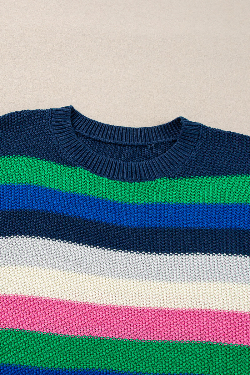 KaleaBoutique Rainbow Striped Crew Neck Drop Shoulder Sweater - KaleaBoutique.com