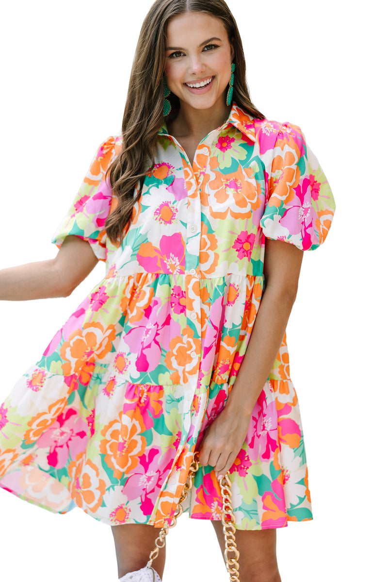 KaleaBoutique Floral Puff Sleeve Collar Buttoned Babydoll Dress - KaleaBoutique.com