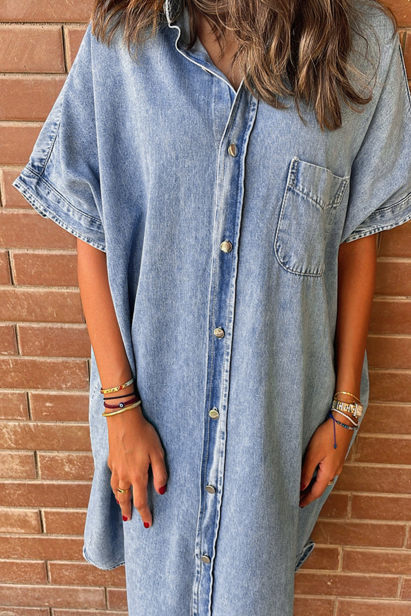 KaleaBoutique Loose Medium Wash Short Sleeve Shirt Chambray Dress - KaleaBoutique.com