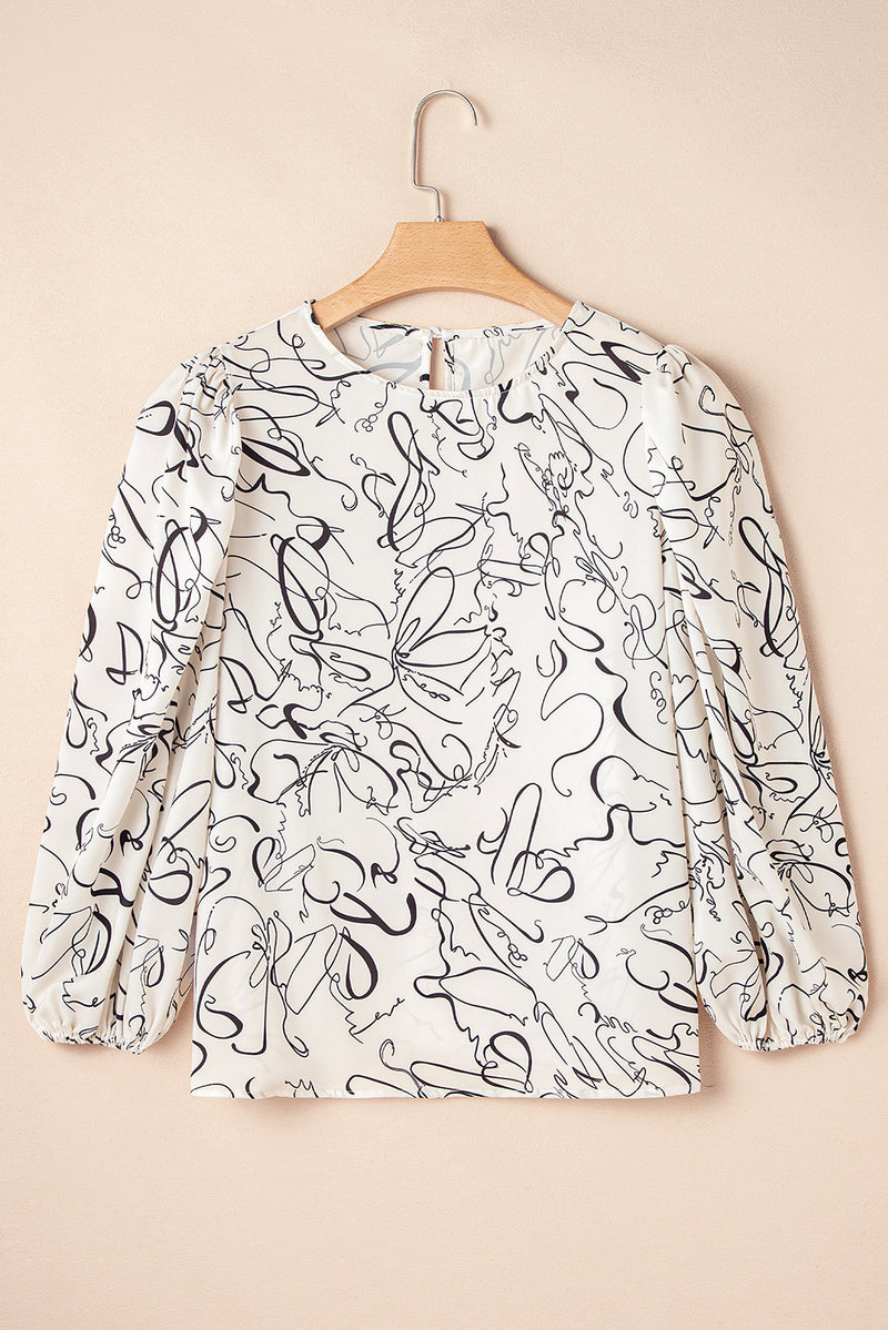 KaleaBoutique Abstract Print Balloon Sleeve Crew Neck Blouse - KaleaBoutique.com