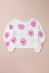 KaleaBoutique Contrast Flower Print Eyelet Drop Shoulder Sweater - KaleaBoutique.com