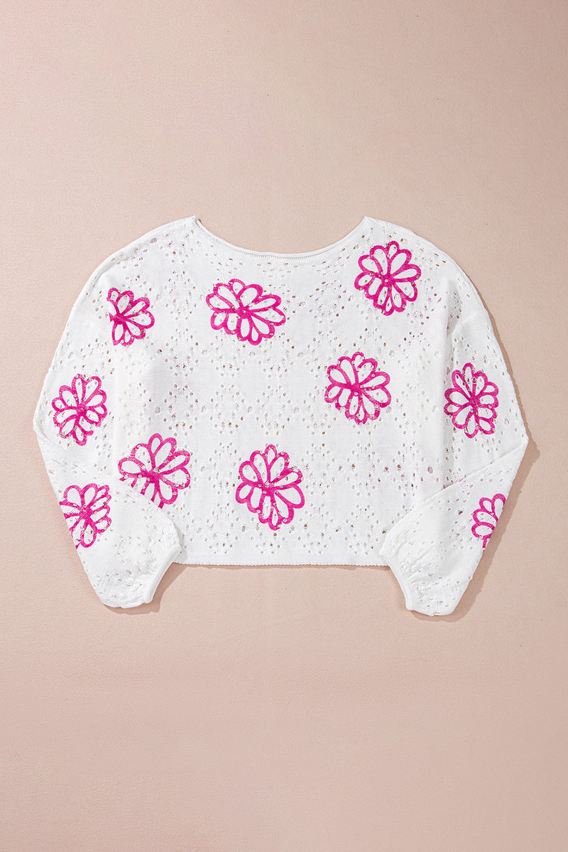 KaleaBoutique Contrast Flower Print Eyelet Drop Shoulder Sweater - KaleaBoutique.com