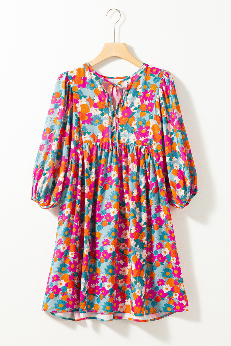 KaleaBoutique Floral Print Tie Split Neck Bubble Sleeve Babydoll Dress - KaleaBoutique.com