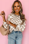 KaleaBoutique Checkered Print Drop Shoulder Round Neck Sweater - KaleaBoutique.com