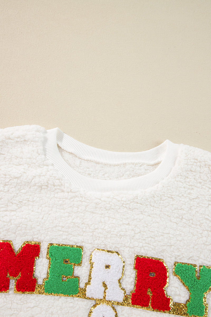 KaleaBoutique Christmas MERRY & Bright Chenille Graphic Sherpa Sweatshirt - KaleaBoutique.com