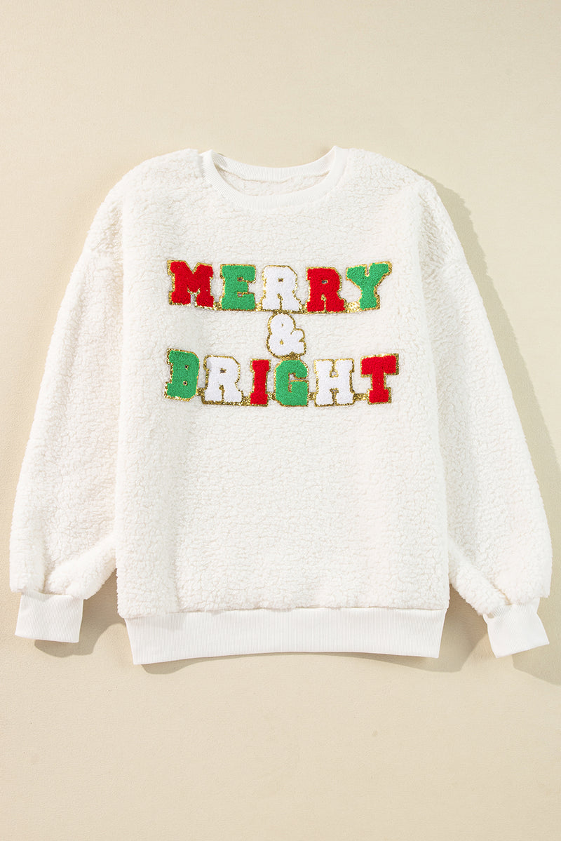 KaleaBoutique Christmas MERRY & Bright Chenille Graphic Sherpa Sweatshirt - KaleaBoutique.com