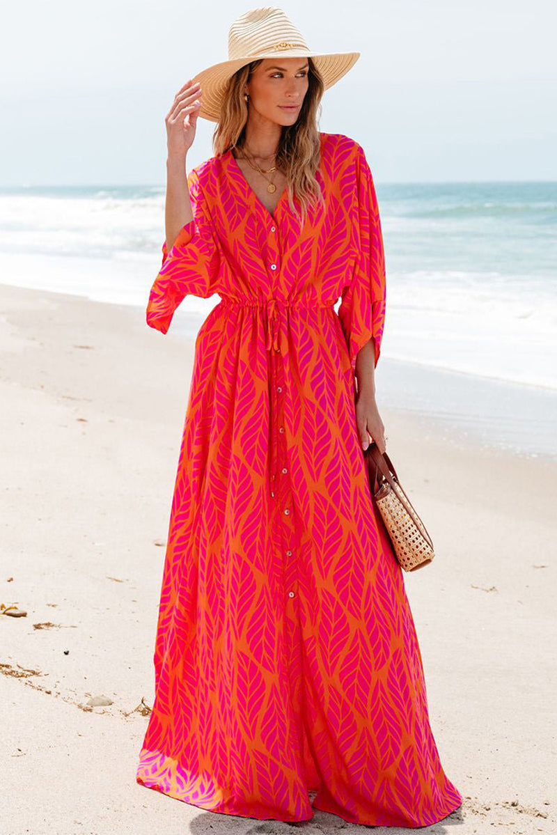 KaleaBoutique Leafy Print 3/4 Sleeve V Neck Buttoned Split Maxi Dress - KaleaBoutique.com