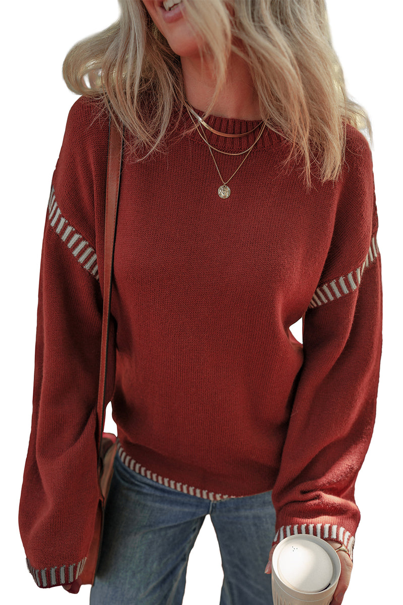 KaleaBoutique Color Contrast Trim Drop Shoulder Crew Neck Sweater - KaleaBoutique.com