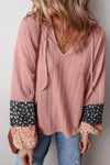 KaleaBoutique Floral Patchwork Textured Knit Drawstring V Neck Blouse - KaleaBoutique.com