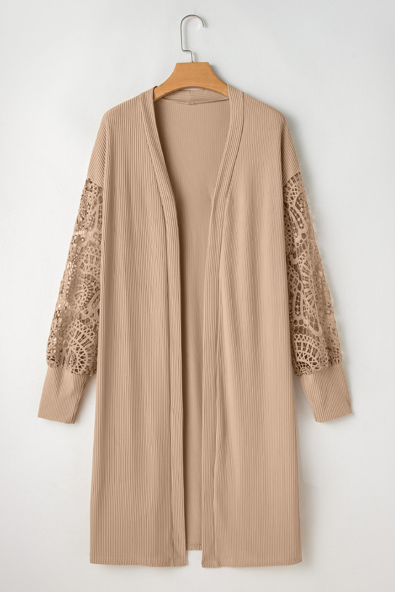 Lace Patchwork Ribbed Knit Open Front Duster Cardigan - KaleaBoutique.com