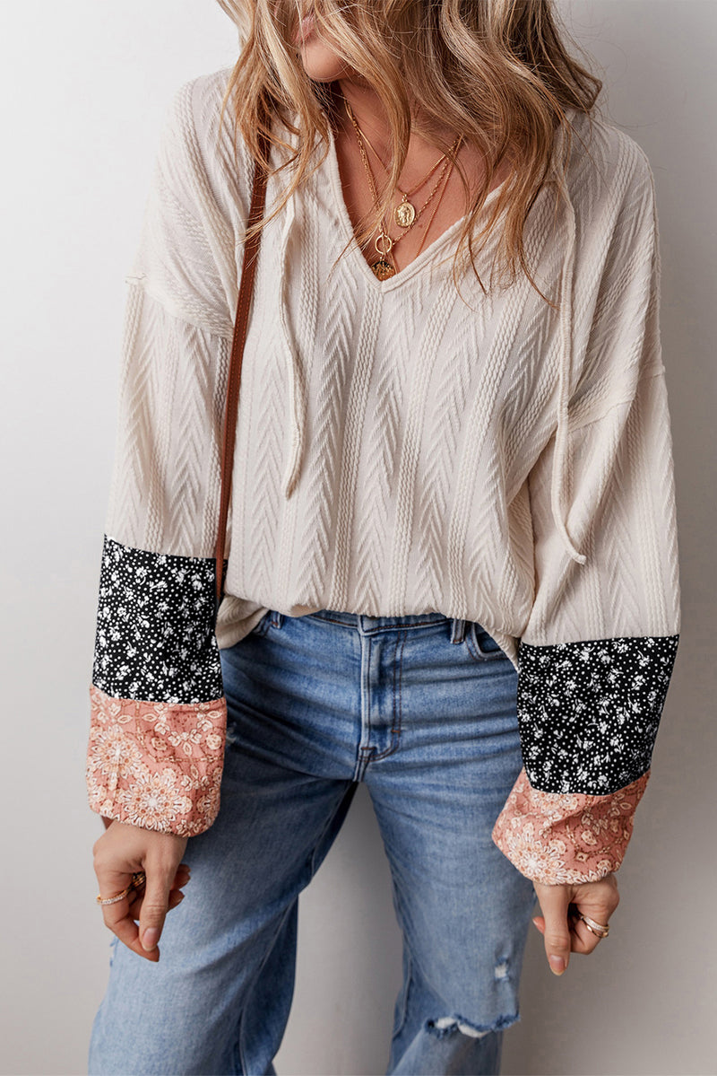 KaleaBoutique Floral Patchwork Textured Knit Drawstring V Neck Blouse - KaleaBoutique.com