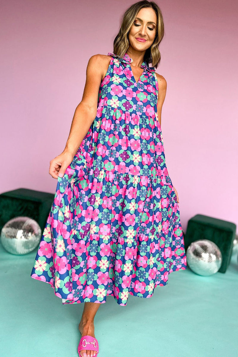 KaleaBoutique Floral Print Frilly Neck Sleeveless Tiered Maxi Dress - KaleaBoutique.com