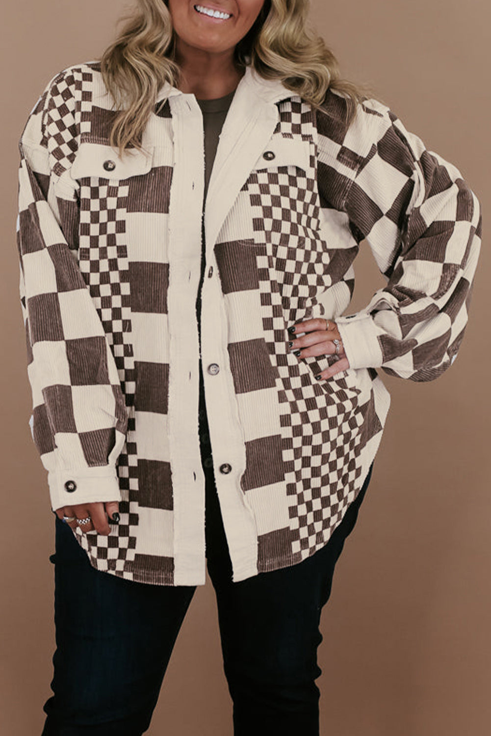 KaleaBoutique Color Block Checkered Print Corduroy Plus Size Shacket - KaleaBoutique.com