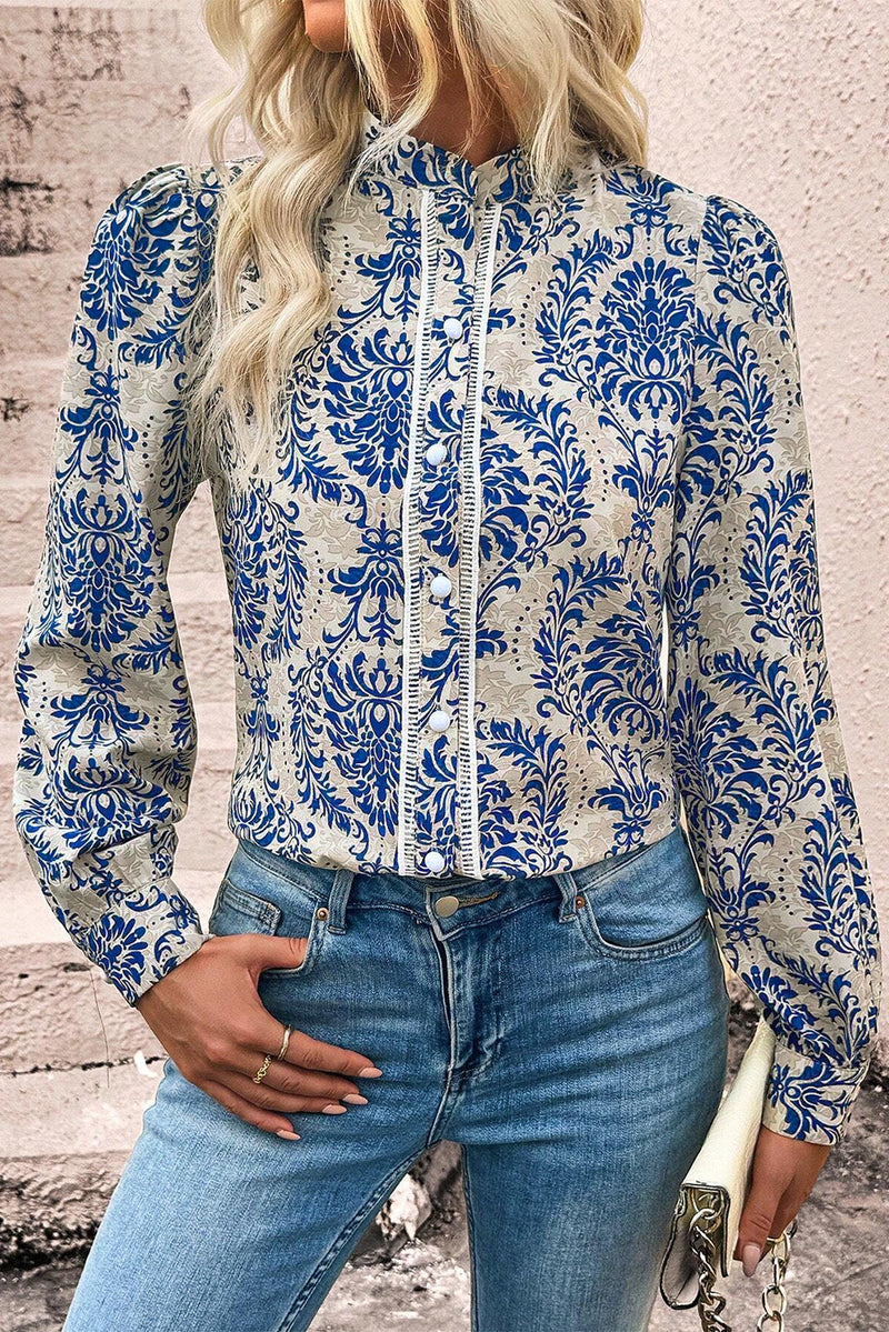 KaleaBoutique Bohemian Printed Bishop Sleeve Lace Shirt - KaleaBoutique.com